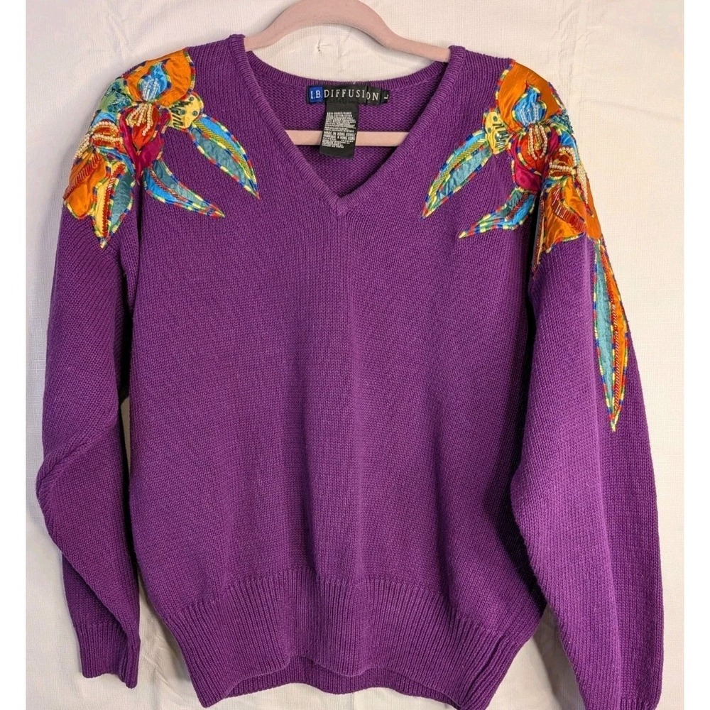 Vtg 90s IB Diffusion Embroidered Purple Floral‎ sequined Sweater Large Ramie